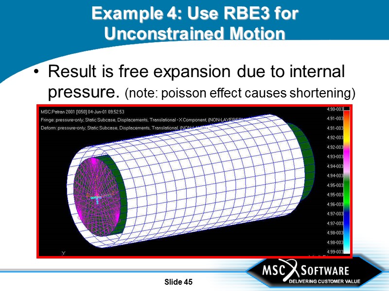 Slide 45 Example 4: Use RBE3 for Unconstrained Motion Result is free expansion due